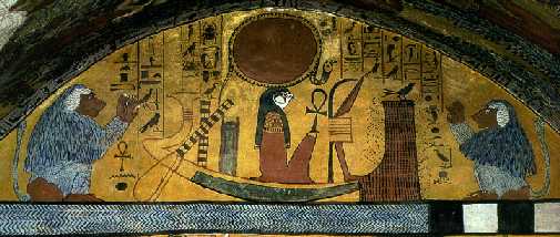 Dios Ra sobre su barca, surcando el cielo. Tumba de Senedyem. Deir el-Medina. Tebas Oeste.